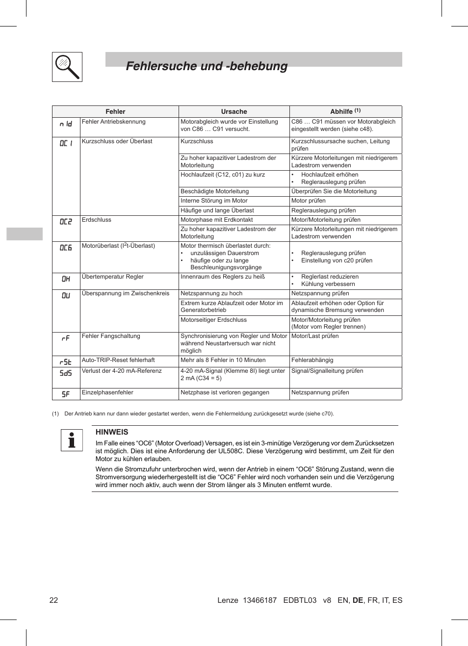 Fehlersuche und -behebung | Lenze TML Flux Vector Drive 0.25kW-2.2kW User Manual | Page 48 / 124
