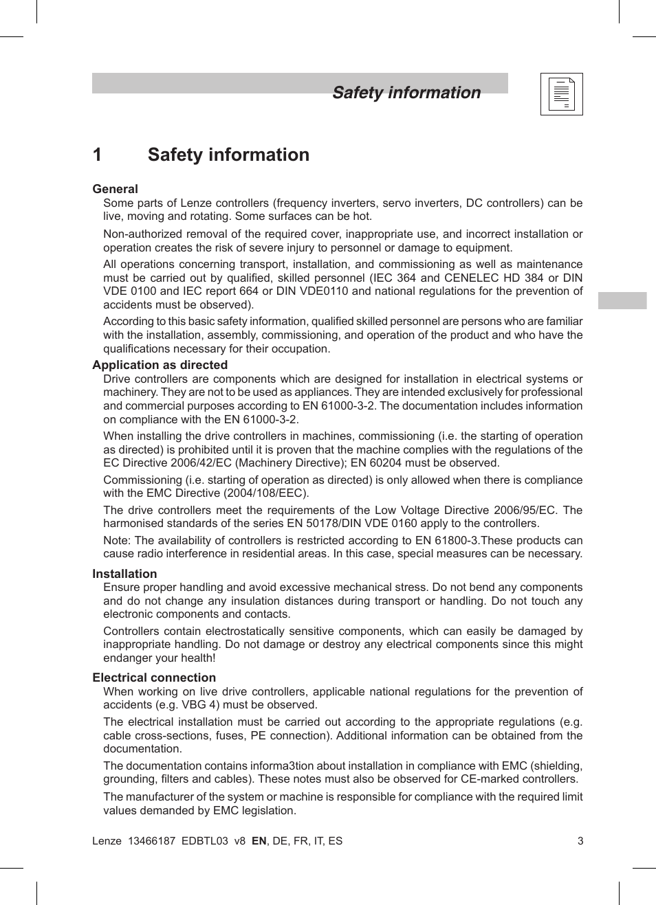 1safety information, Safety information | Lenze TML Flux Vector Drive 0.25kW-2.2kW User Manual | Page 5 / 124
