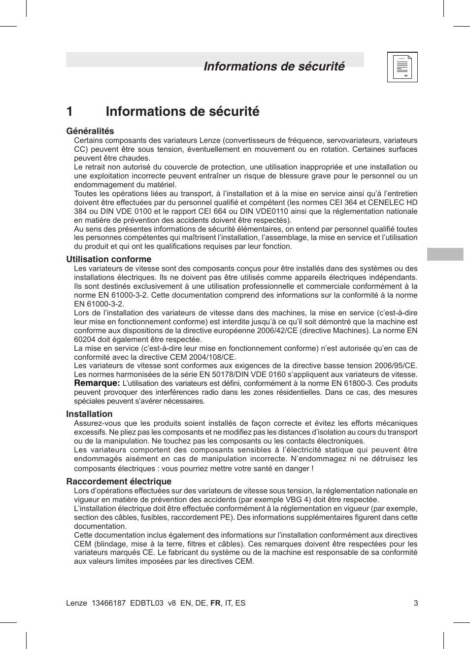 1informations de sécurité, Informations de sécurité | Lenze TML Flux Vector Drive 0.25kW-2.2kW User Manual | Page 53 / 124