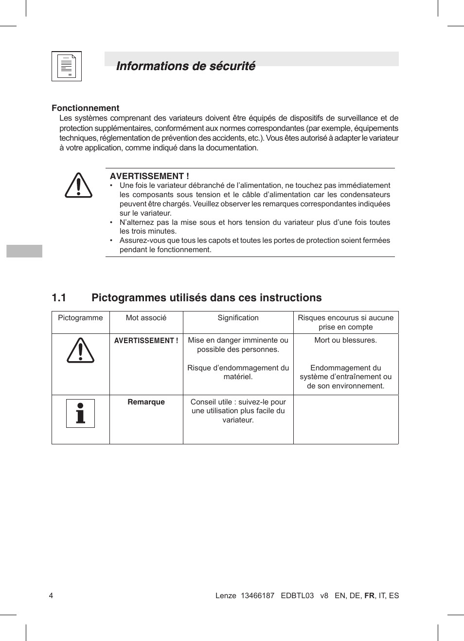 Informations de sécurité, 1 pictogrammes utilisés dans ces instructions | Lenze TML Flux Vector Drive 0.25kW-2.2kW User Manual | Page 54 / 124