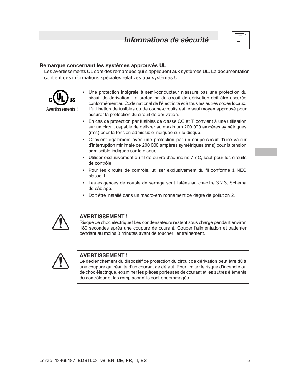 Informations de sécurité | Lenze TML Flux Vector Drive 0.25kW-2.2kW User Manual | Page 55 / 124