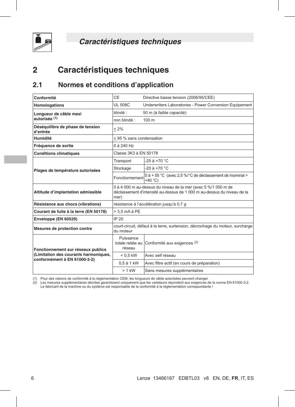 2caractéristiques techniques, Caractéristiques techniques, 1 normes et conditions d’application | Lenze TML Flux Vector Drive 0.25kW-2.2kW User Manual | Page 56 / 124