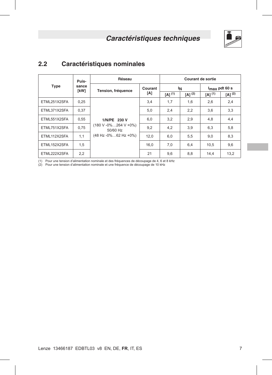 Caractéristiques techniques, 2 caractéristiques nominales | Lenze TML Flux Vector Drive 0.25kW-2.2kW User Manual | Page 57 / 124