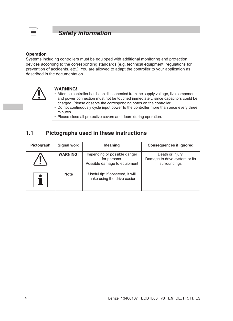 Safety information, 1 pictographs used in these instructions | Lenze TML Flux Vector Drive 0.25kW-2.2kW User Manual | Page 6 / 124