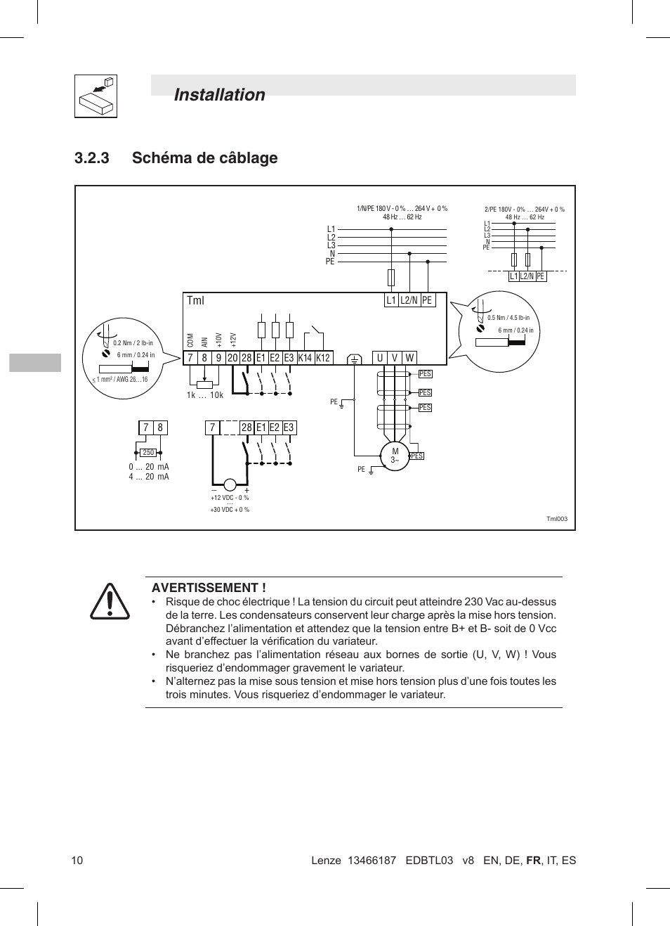 Installation, 3 schéma de câblage, Avertissement | Lenze TML Flux Vector Drive 0.25kW-2.2kW User Manual | Page 60 / 124