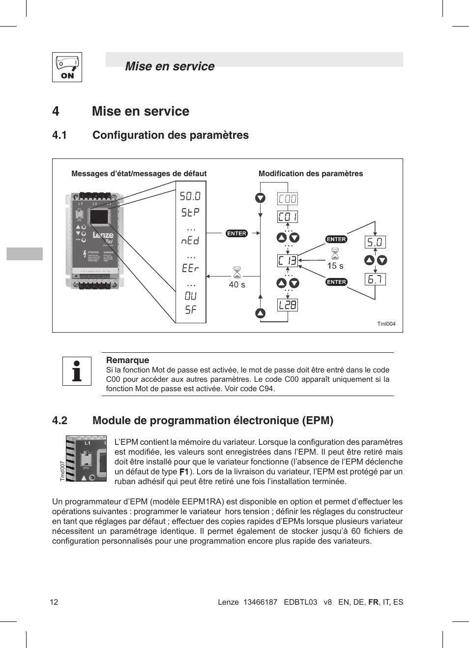4mise en service, Mise en service, 2 module de programmation électronique (epm) | 1 configuration des paramètres | Lenze TML Flux Vector Drive 0.25kW-2.2kW User Manual | Page 62 / 124