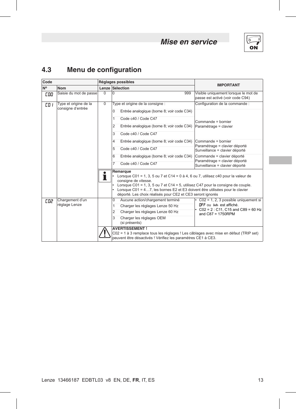 Mise en service, 3 menu de configuration | Lenze TML Flux Vector Drive 0.25kW-2.2kW User Manual | Page 63 / 124