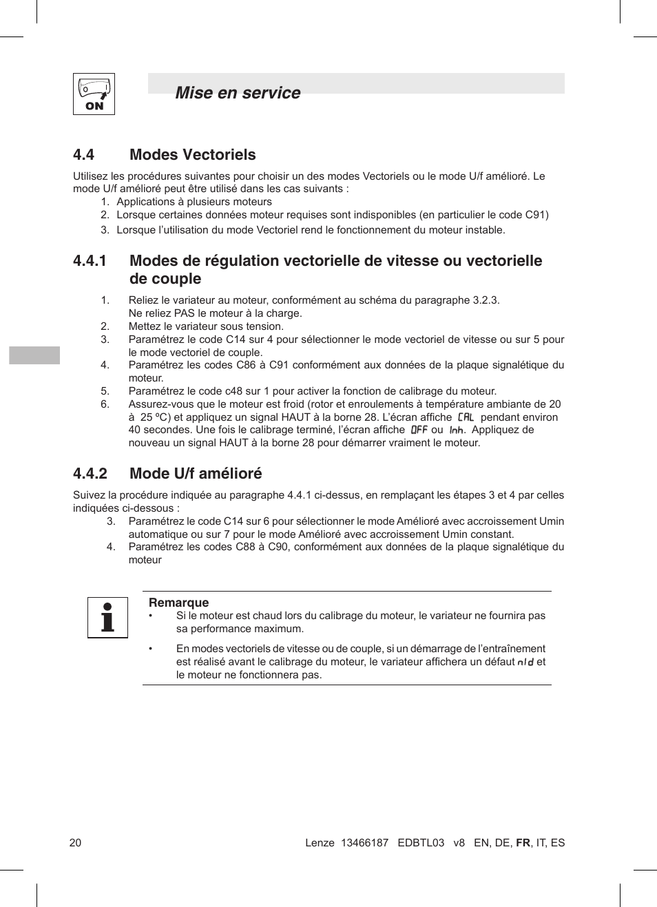 Mise en service, 4 modes vectoriels, 2 mode u/f amélioré | Lenze TML Flux Vector Drive 0.25kW-2.2kW User Manual | Page 70 / 124