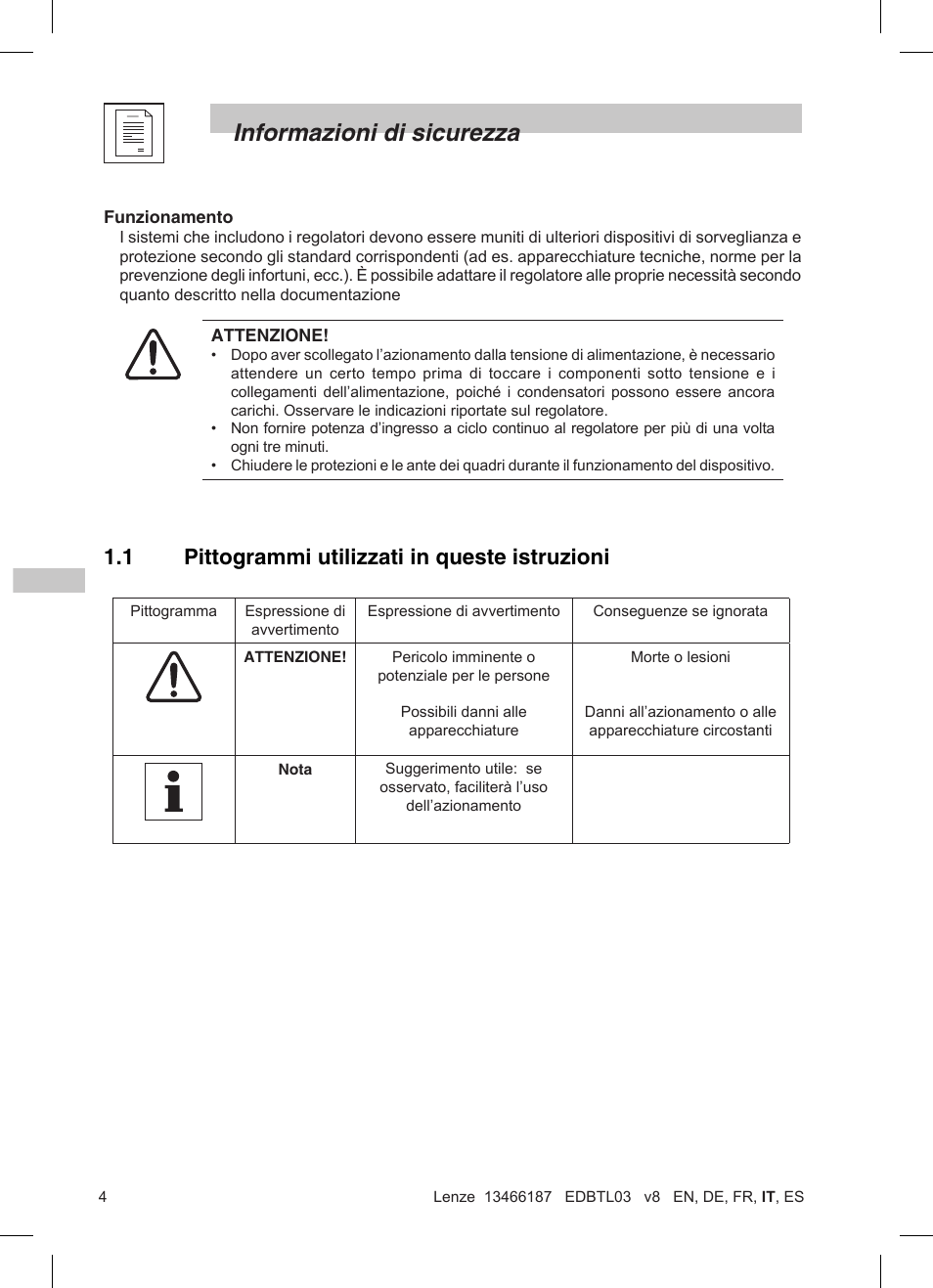 Informazioni di sicurezza, 1 pittogrammi utilizzati in queste istruzioni | Lenze TML Flux Vector Drive 0.25kW-2.2kW User Manual | Page 78 / 124
