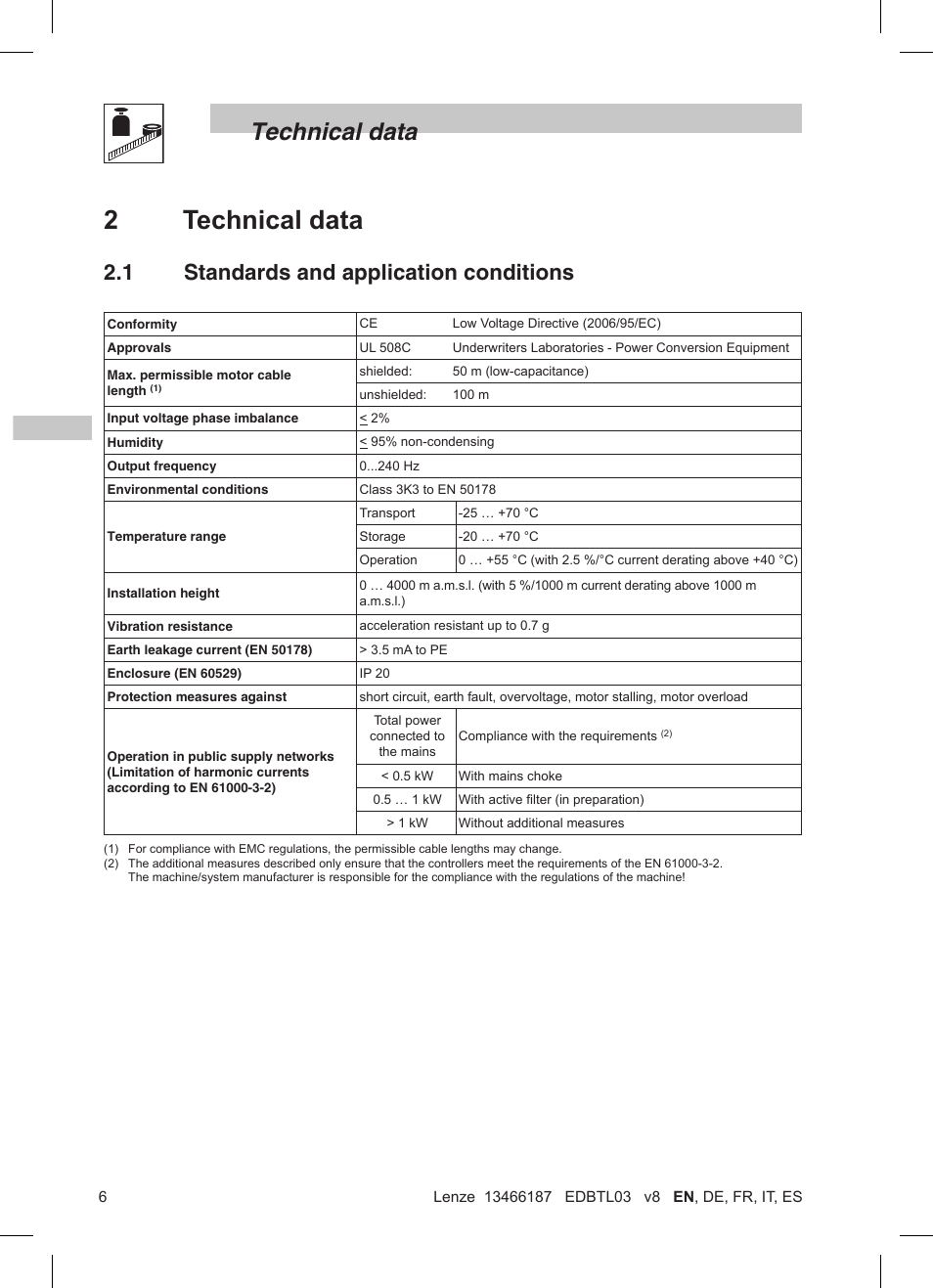 2technical data, Technical data, 1 standards and application conditions | Lenze TML Flux Vector Drive 0.25kW-2.2kW User Manual | Page 8 / 124