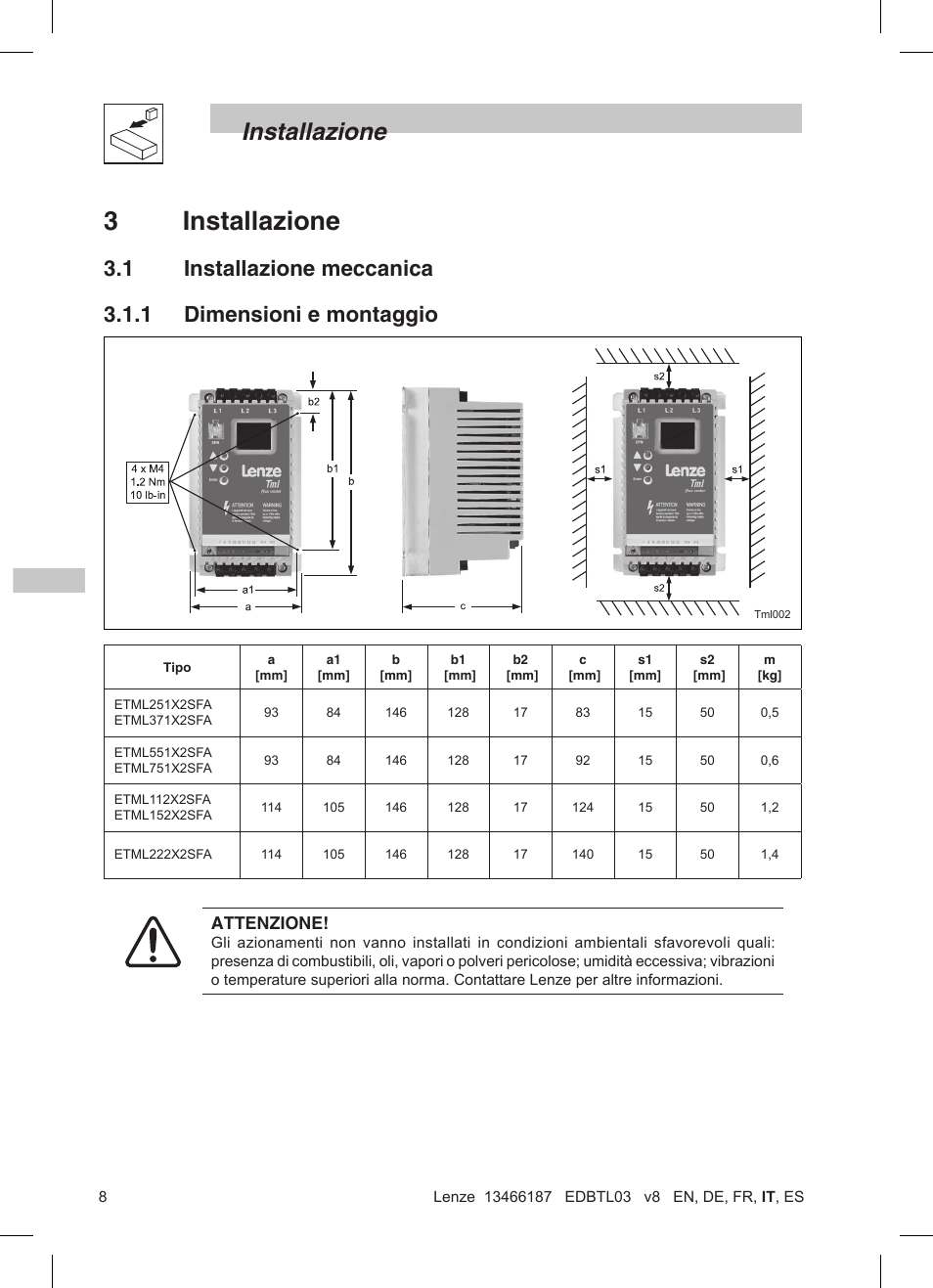 3installazione, Installazione | Lenze TML Flux Vector Drive 0.25kW-2.2kW User Manual | Page 82 / 124