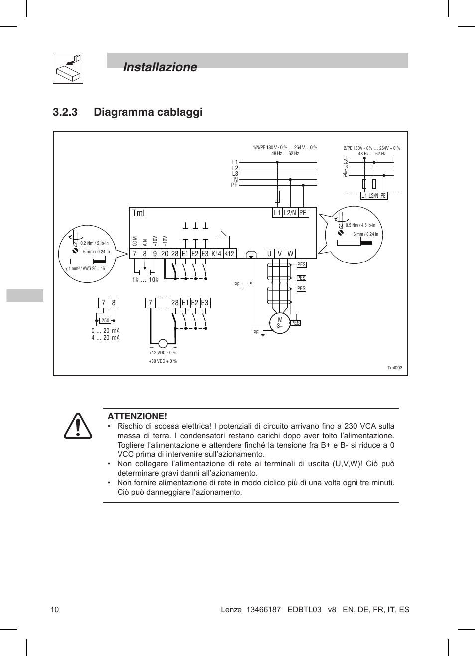 Installazione, 3 diagramma cablaggi, Attenzione | Lenze TML Flux Vector Drive 0.25kW-2.2kW User Manual | Page 84 / 124