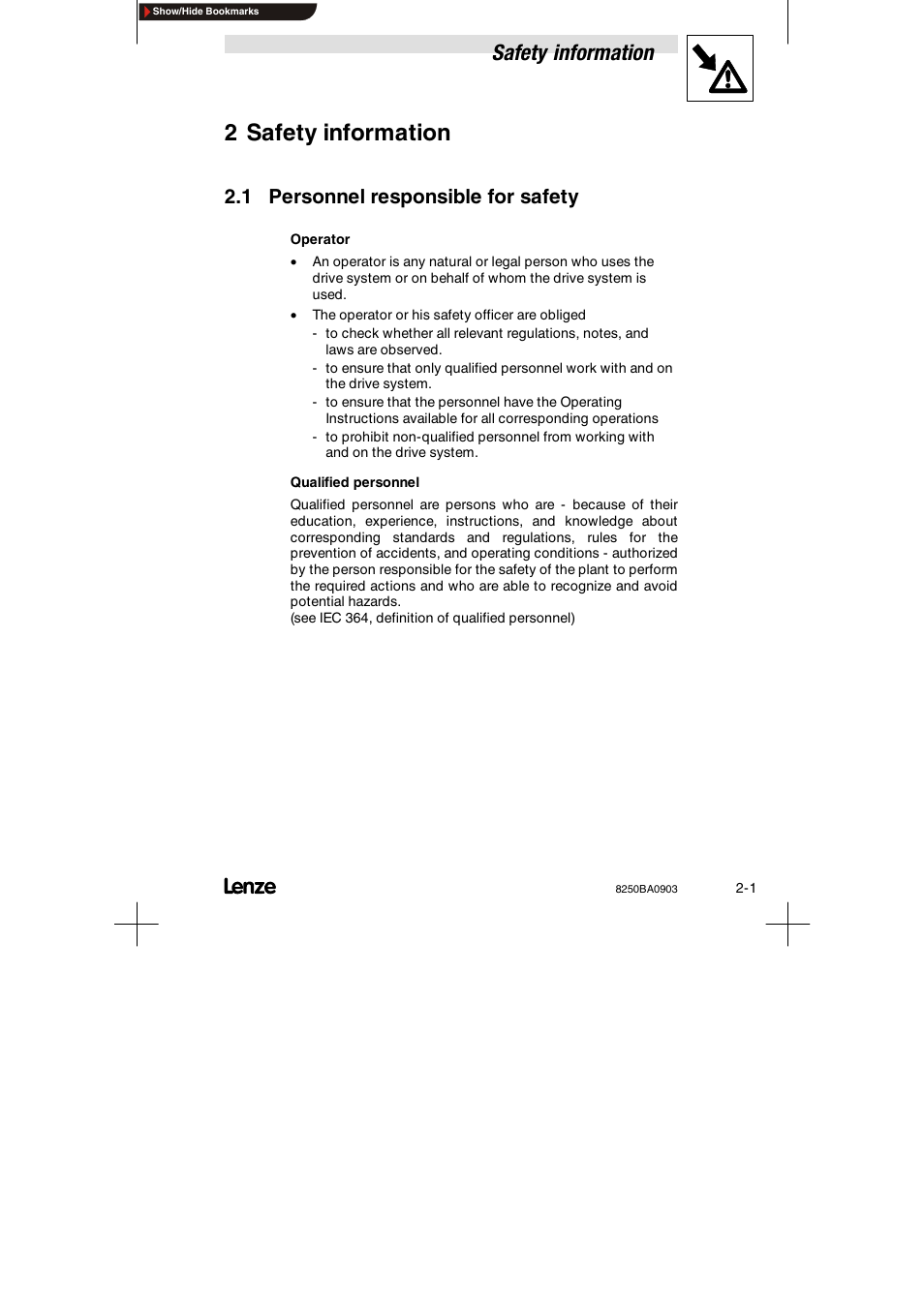 2 safety information, 1 personnel responsible for safety, Safety information | Lenze 8250 series Brake unit User Manual | Page 12 / 39