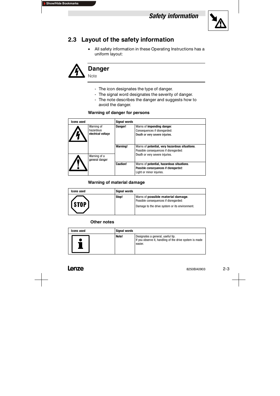 3 layout of the safety information, Safety information, Danger | Lenze 8250 series Brake unit User Manual | Page 14 / 39