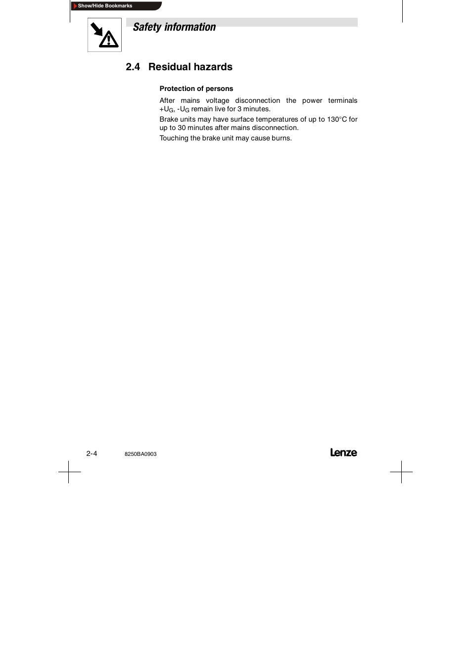 4 residual hazards, Safety information | Lenze 8250 series Brake unit User Manual | Page 15 / 39
