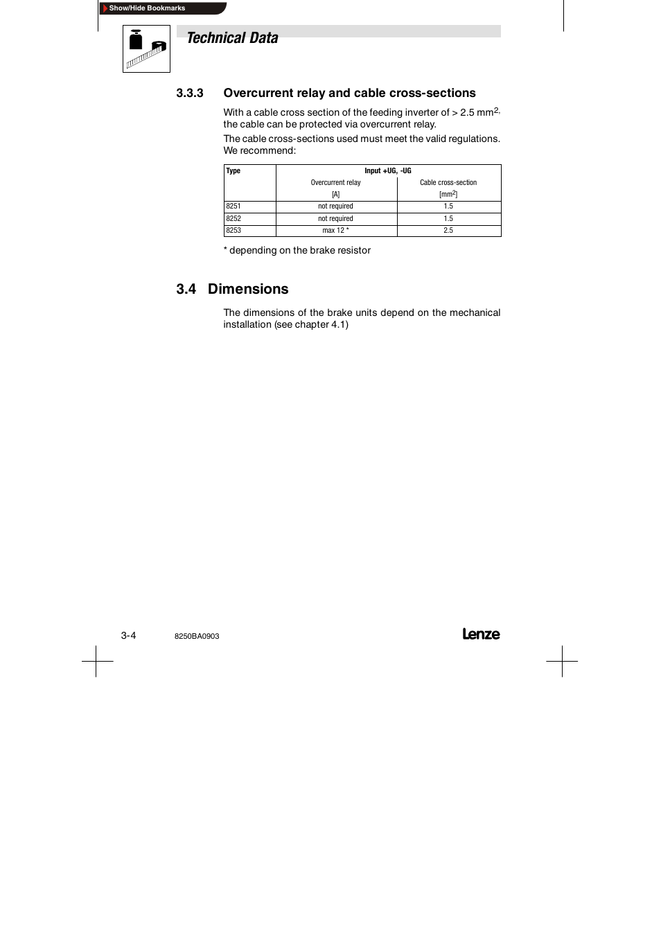 3 overcurrent relay and cable cross-sections, 4 dimensions, Overcurrent relay and cable cross-sections | Technical data | Lenze 8250 series Brake unit User Manual | Page 19 / 39