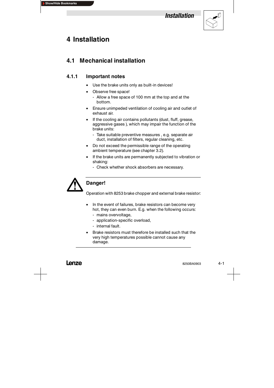 4 installation, 1 mechanical installation, 1 important notes | Important notes, Installation | Lenze 8250 series Brake unit User Manual | Page 20 / 39
