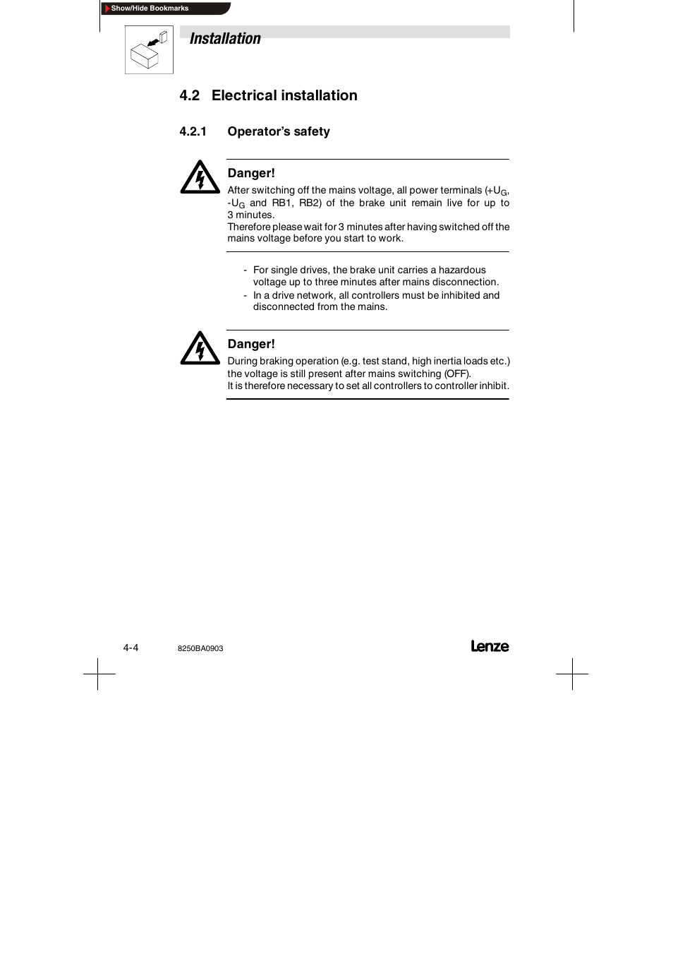2 electrical installation, 1 operator's safety, Operator’s safety | Installation | Lenze 8250 series Brake unit User Manual | Page 23 / 39
