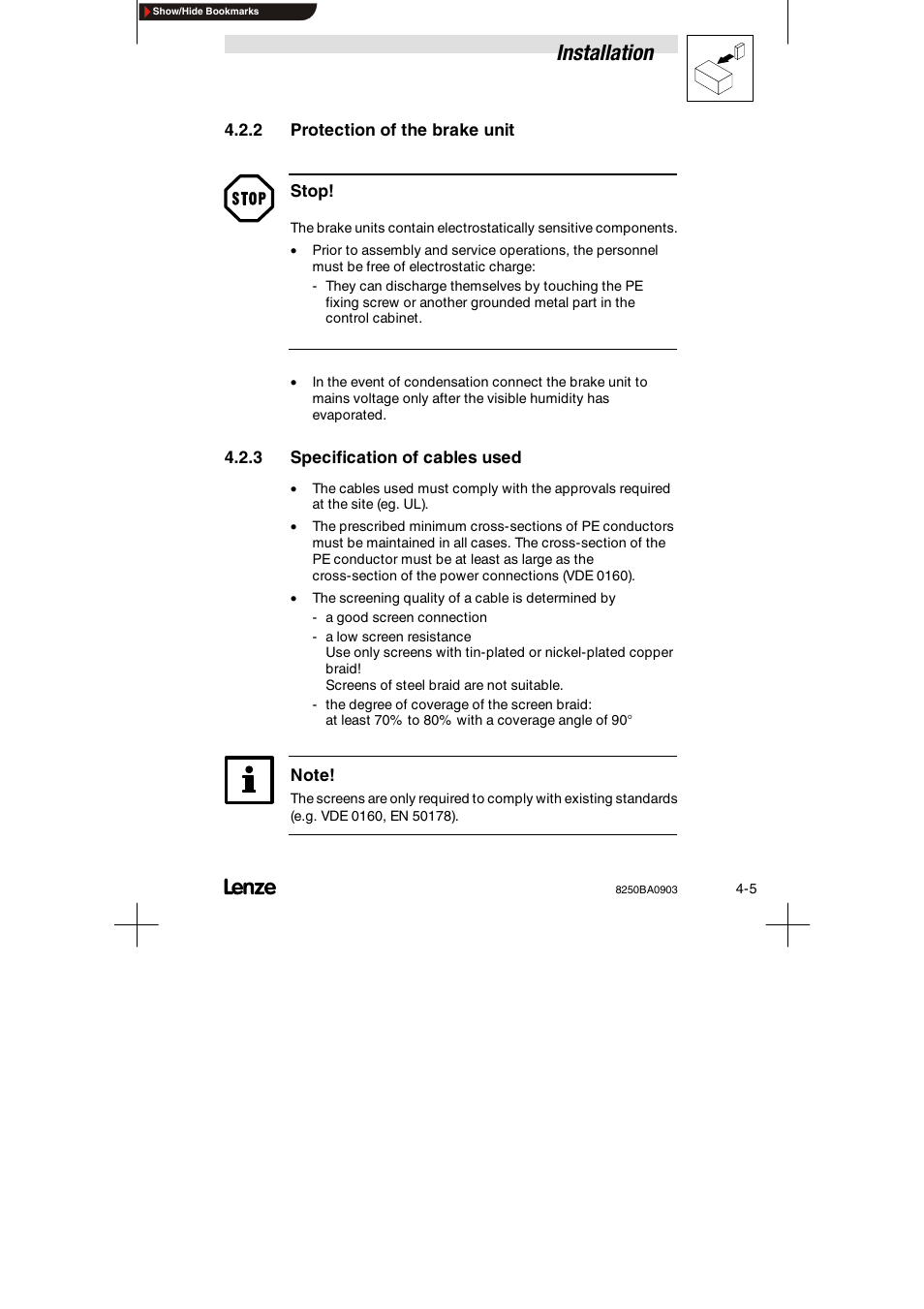 2 protection of the brake unit, 3 specification of cables used, Protection of the brake unit | Specification of cables used, Installation | Lenze 8250 series Brake unit User Manual | Page 24 / 39