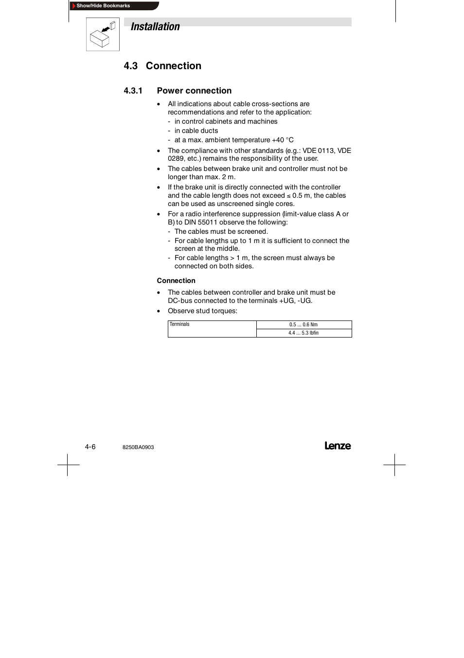 3 connection, 1 power connection, Power connection | Installation | Lenze 8250 series Brake unit User Manual | Page 25 / 39