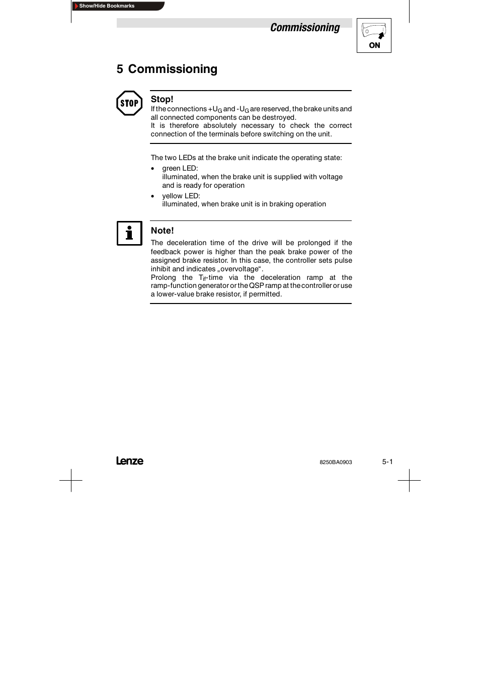5 commissioning, Commissioning | Lenze 8250 series Brake unit User Manual | Page 30 / 39