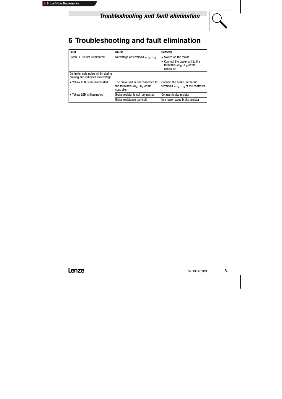 6 troubleshooting and fault elimination, Troubleshooting and fault elimination | Lenze 8250 series Brake unit User Manual | Page 32 / 39
