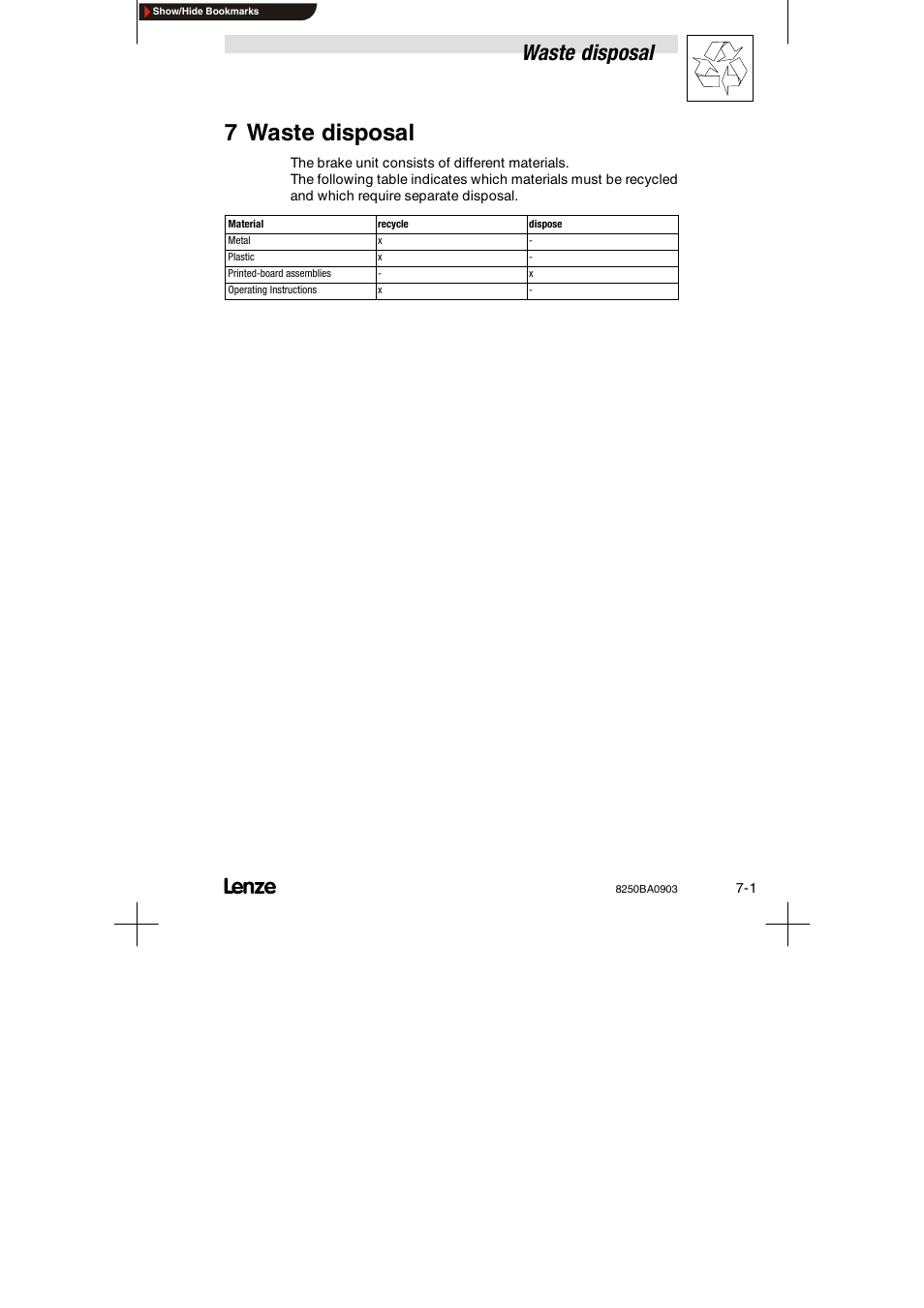 7 waste disposal, Waste disposal | Lenze 8250 series Brake unit User Manual | Page 34 / 39
