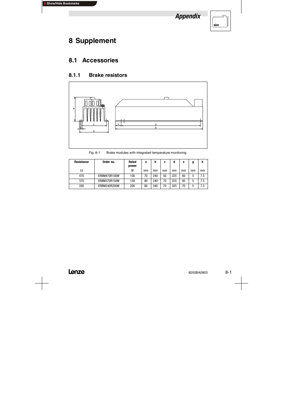8 supplement, 1 accessories, 1 brake resistors | Brake resistors, Appendix | Lenze 8250 series Brake unit User Manual | Page 36 / 39