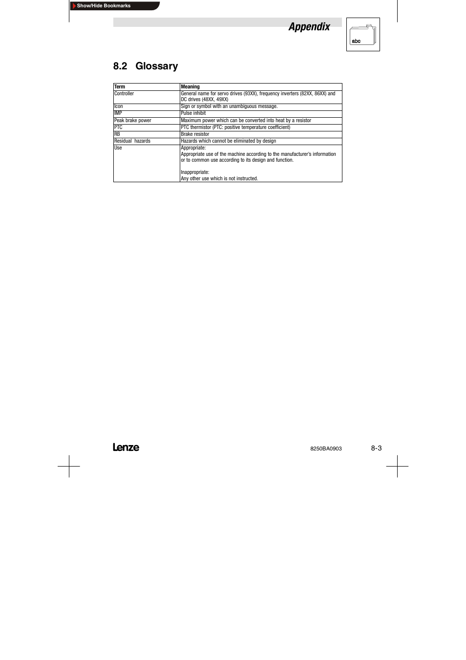 2 glossary, Appendix | Lenze 8250 series Brake unit User Manual | Page 38 / 39