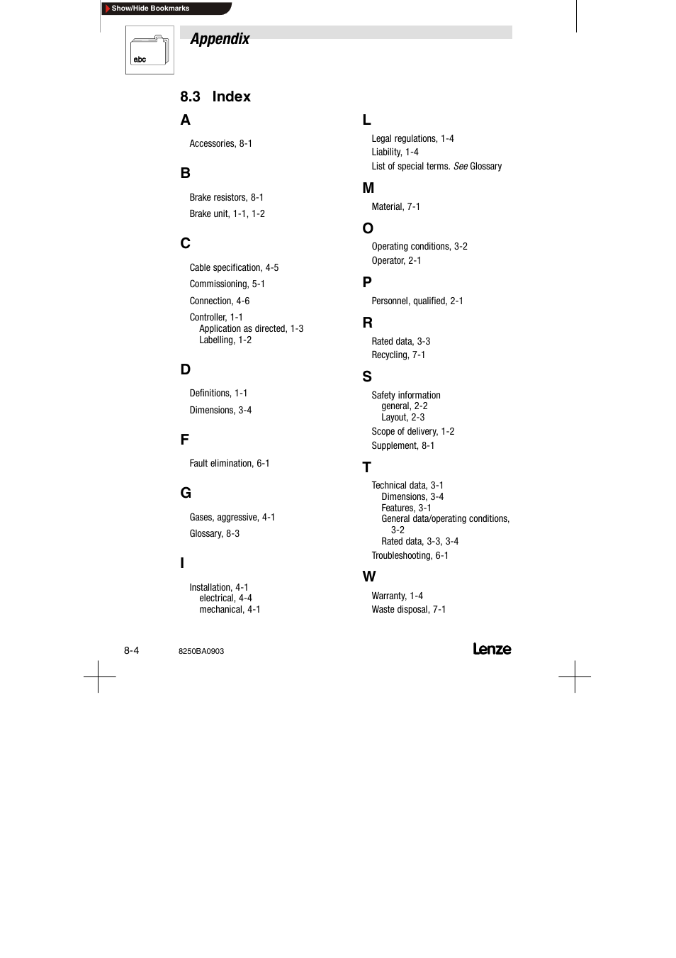 3 index, Appendix, 3 index a | Lenze 8250 series Brake unit User Manual | Page 39 / 39