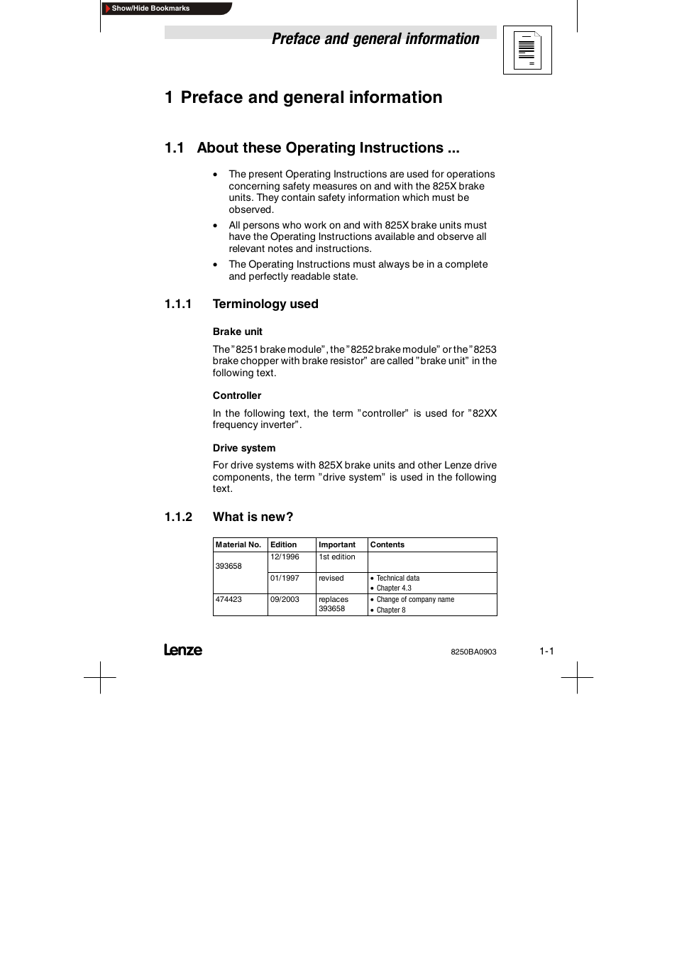 1 preface and general information, 1 about these operating instructions, 1 terminology used | 2 what is new, Terminology used, What is new, Preface and general information | Lenze 8250 series Brake unit User Manual | Page 8 / 39