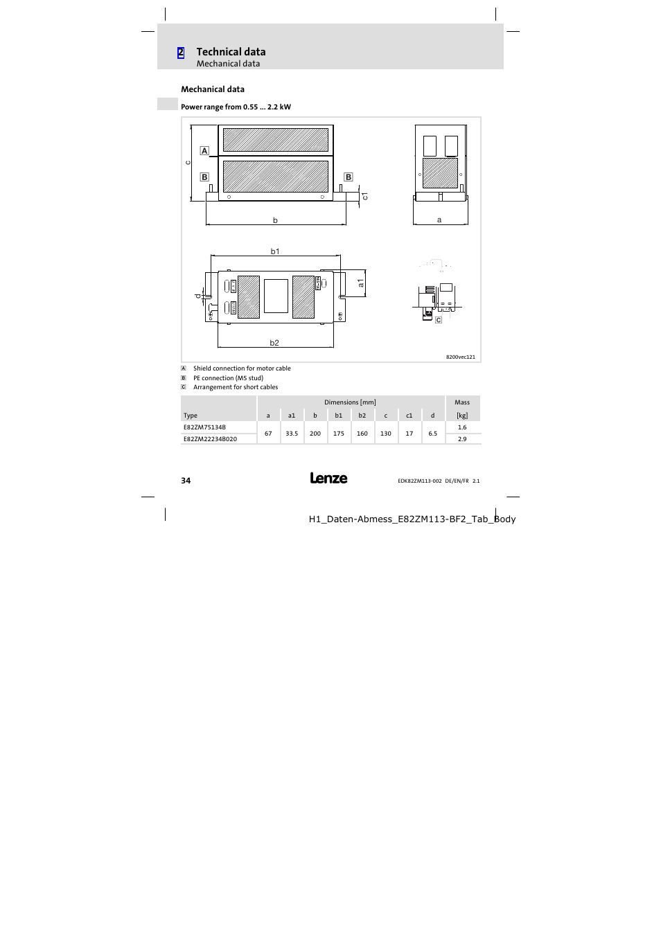 Mechanical data, 2technical data | Lenze E82ZM11334B User Manual | Page 34 / 58