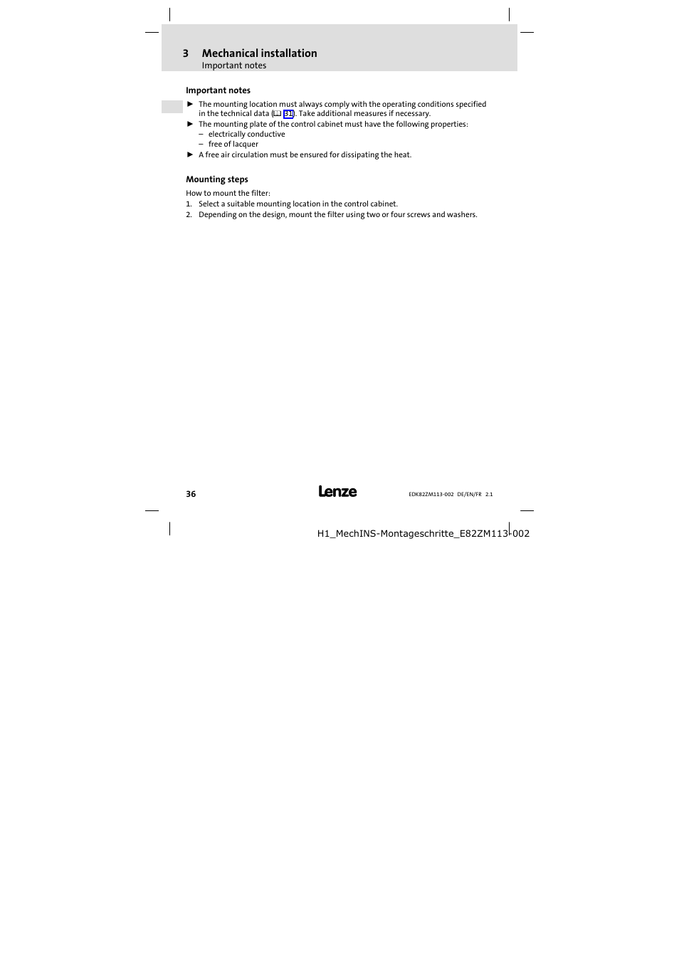 3 mechanical installation, Important notes, Mounting steps | Mechanical installation | Lenze E82ZM11334B User Manual | Page 36 / 58