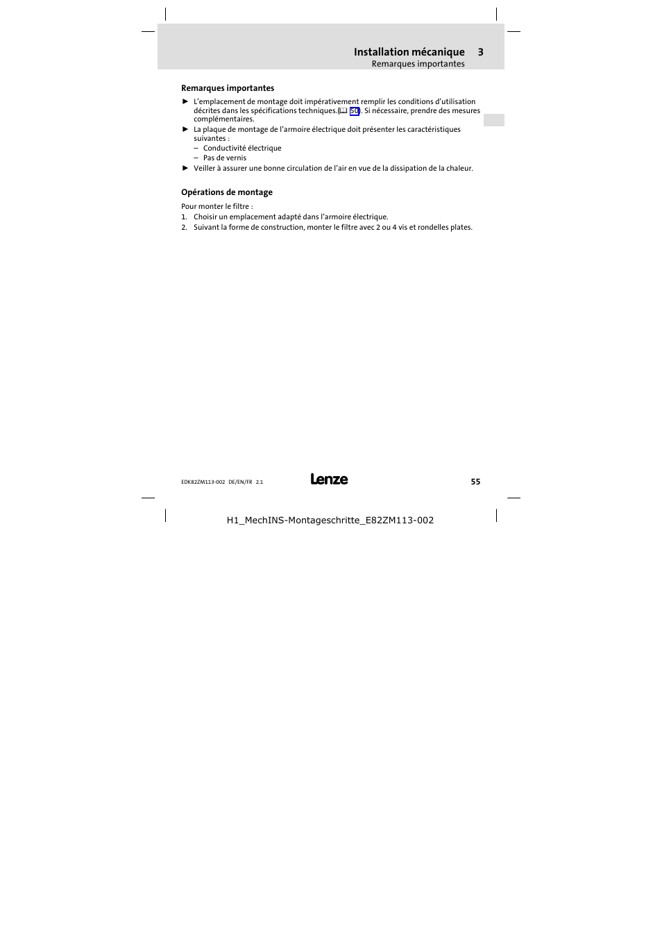 3 installation mécanique, Remarques importantes, Opérations de montage | Installation mécanique | Lenze E82ZM11334B User Manual | Page 55 / 58