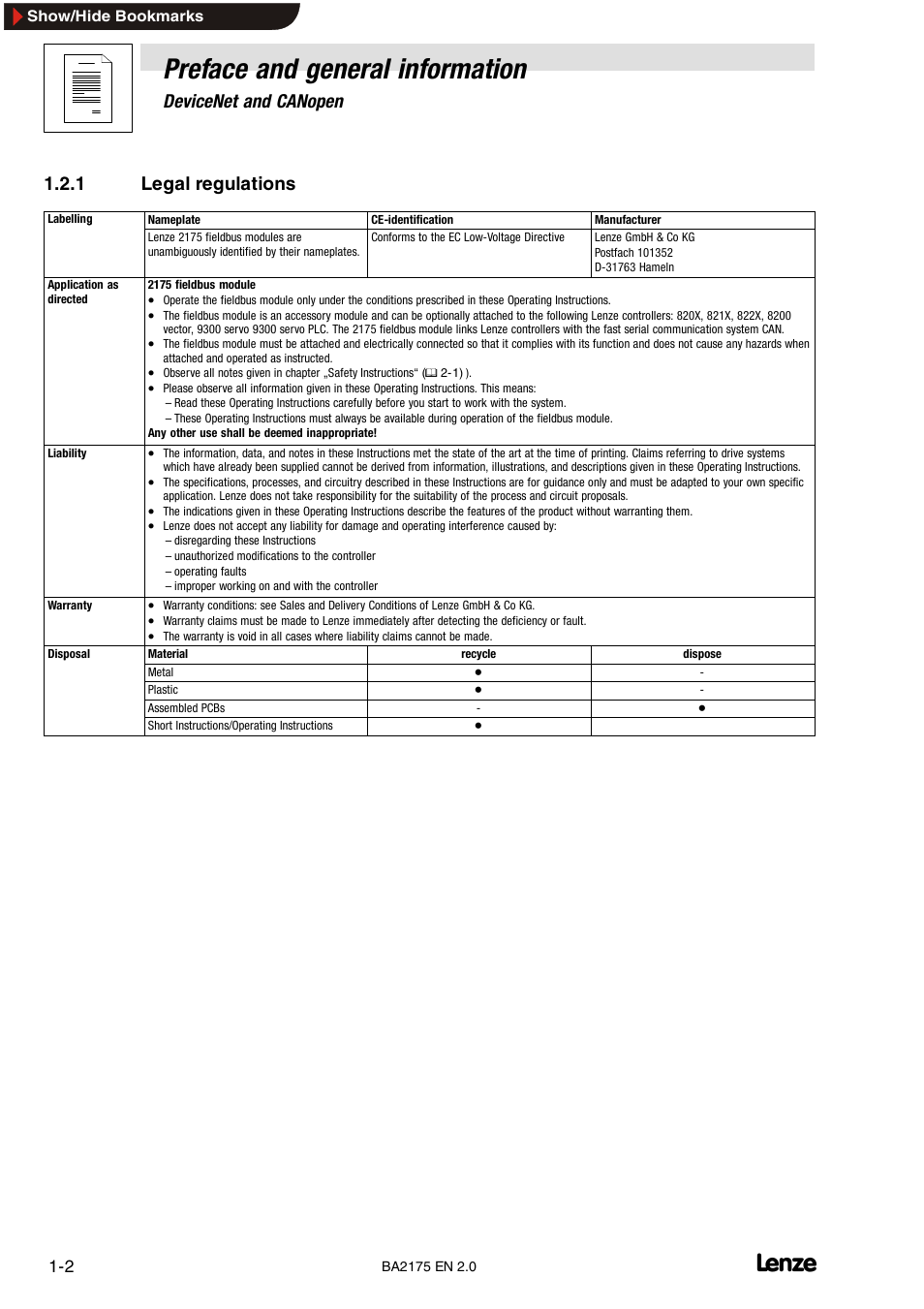 Legal regulations, Preface and general information, Devicenet and canopen | 1 legal regulations | Lenze EMF2175IB User Manual | Page 10 / 152