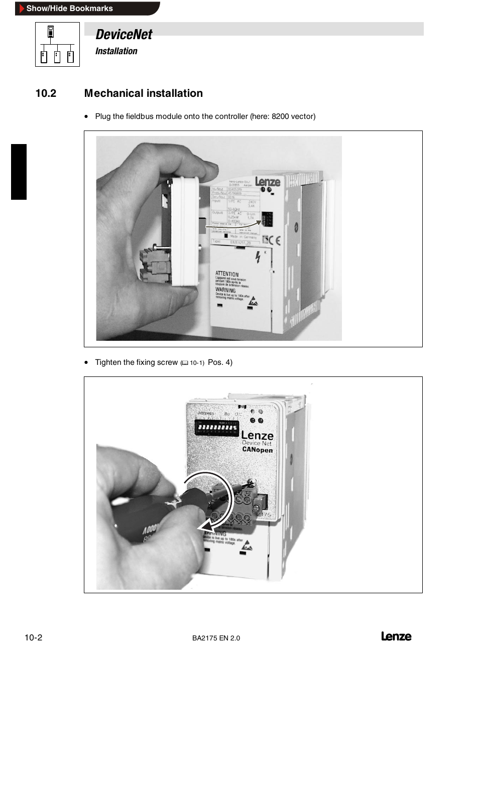 Devicenet, 2 mechanical installation | Lenze EMF2175IB User Manual | Page 100 / 152