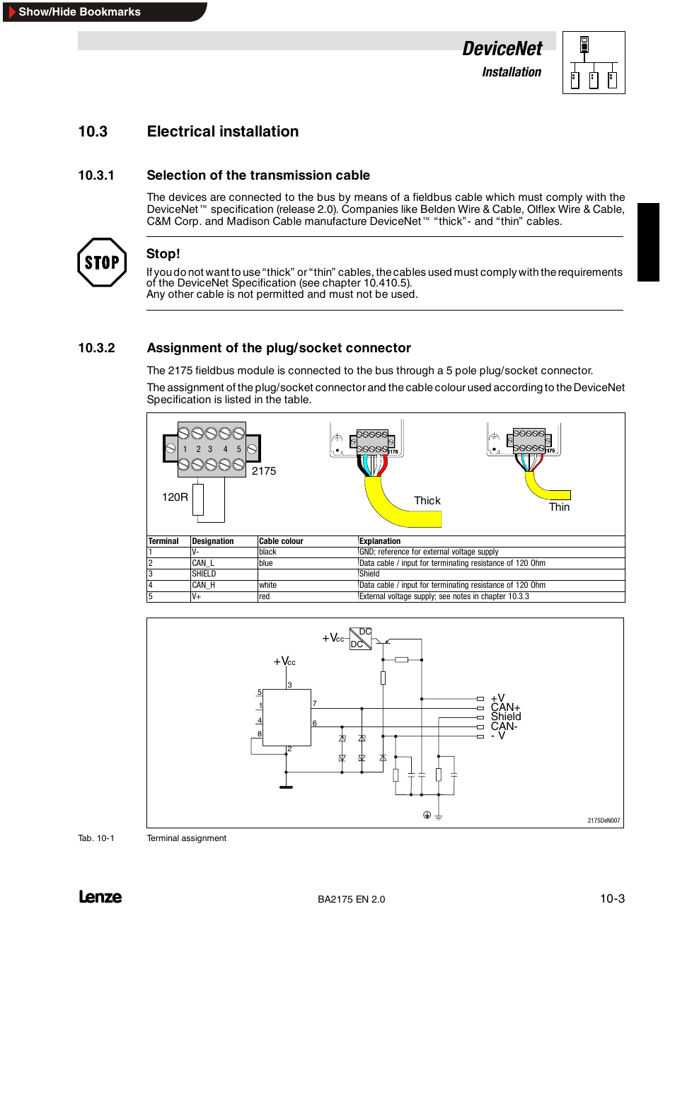 Devicenet, 3 electrical installation, 10 installation | 1 selection of the transmission cable, Stop, 2 assignment of the plug/ socket connector | Lenze EMF2175IB User Manual | Page 101 / 152