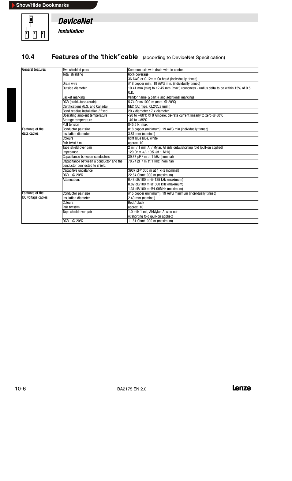Devicenet, 4 features of the “thick” cable, 10 installation | Lenze EMF2175IB User Manual | Page 104 / 152