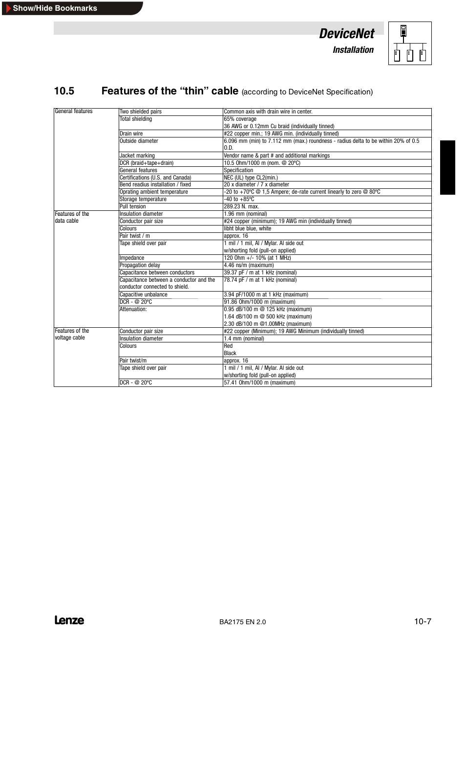 Devicenet, 5 features of the “ thin” cable, 10 installation | Lenze EMF2175IB User Manual | Page 105 / 152