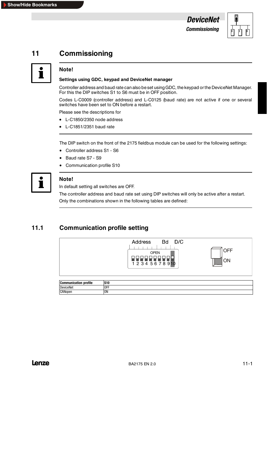 Devicenet, 11 commissioning, 1 communication profile setting | Lenze EMF2175IB User Manual | Page 107 / 152