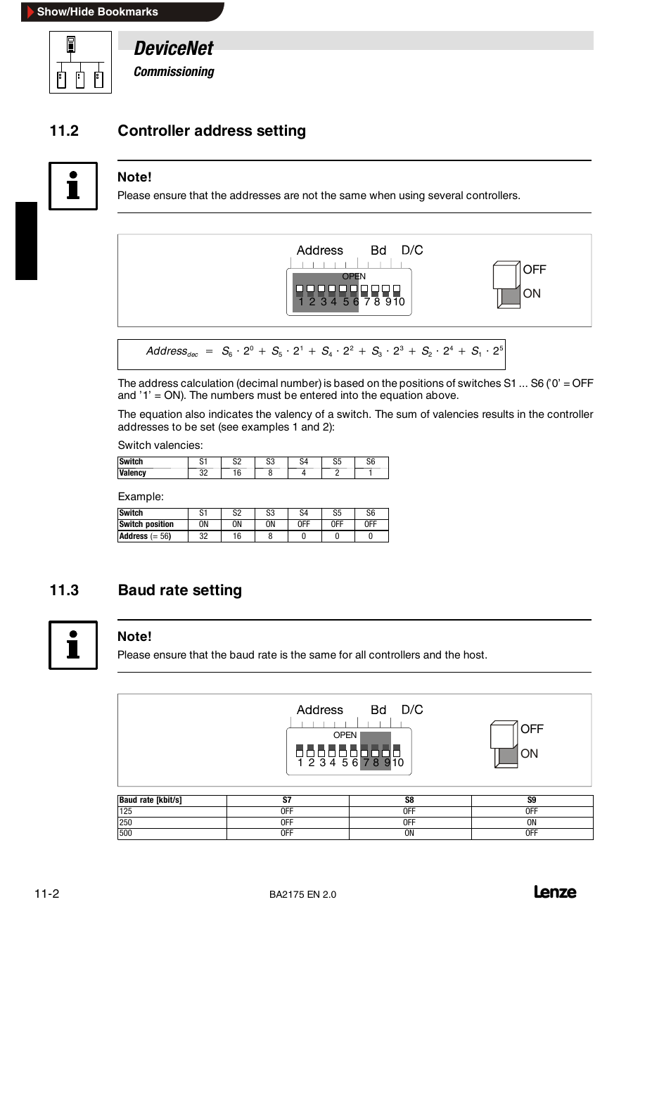 Devicenet, 2 controller address setting, 3 baud rate setting | 11 commissioning | Lenze EMF2175IB User Manual | Page 108 / 152