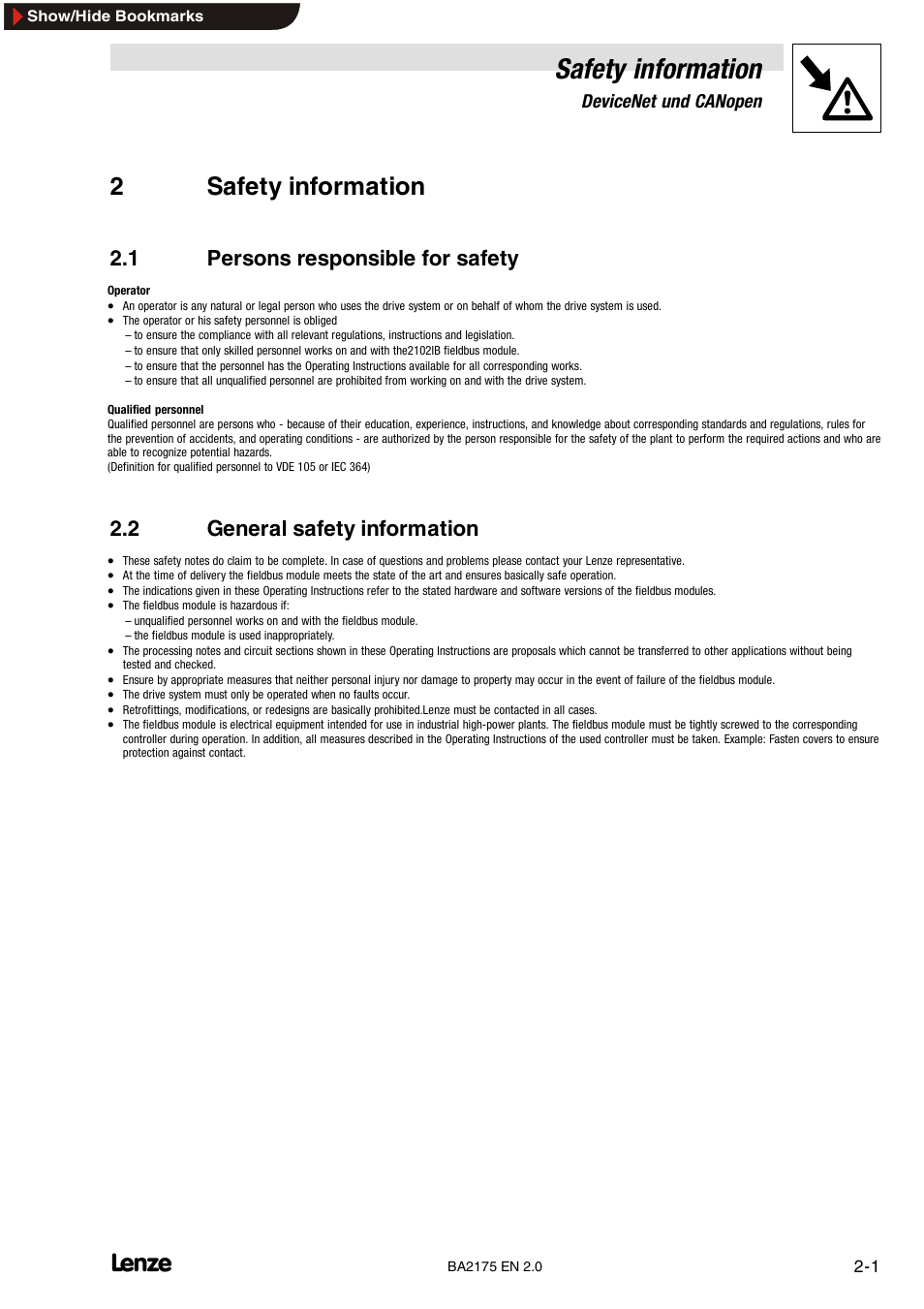 2 safety information, 1 persons responsible for safety, 2 general safety information | Safety information, 2safety information | Lenze EMF2175IB User Manual | Page 11 / 152