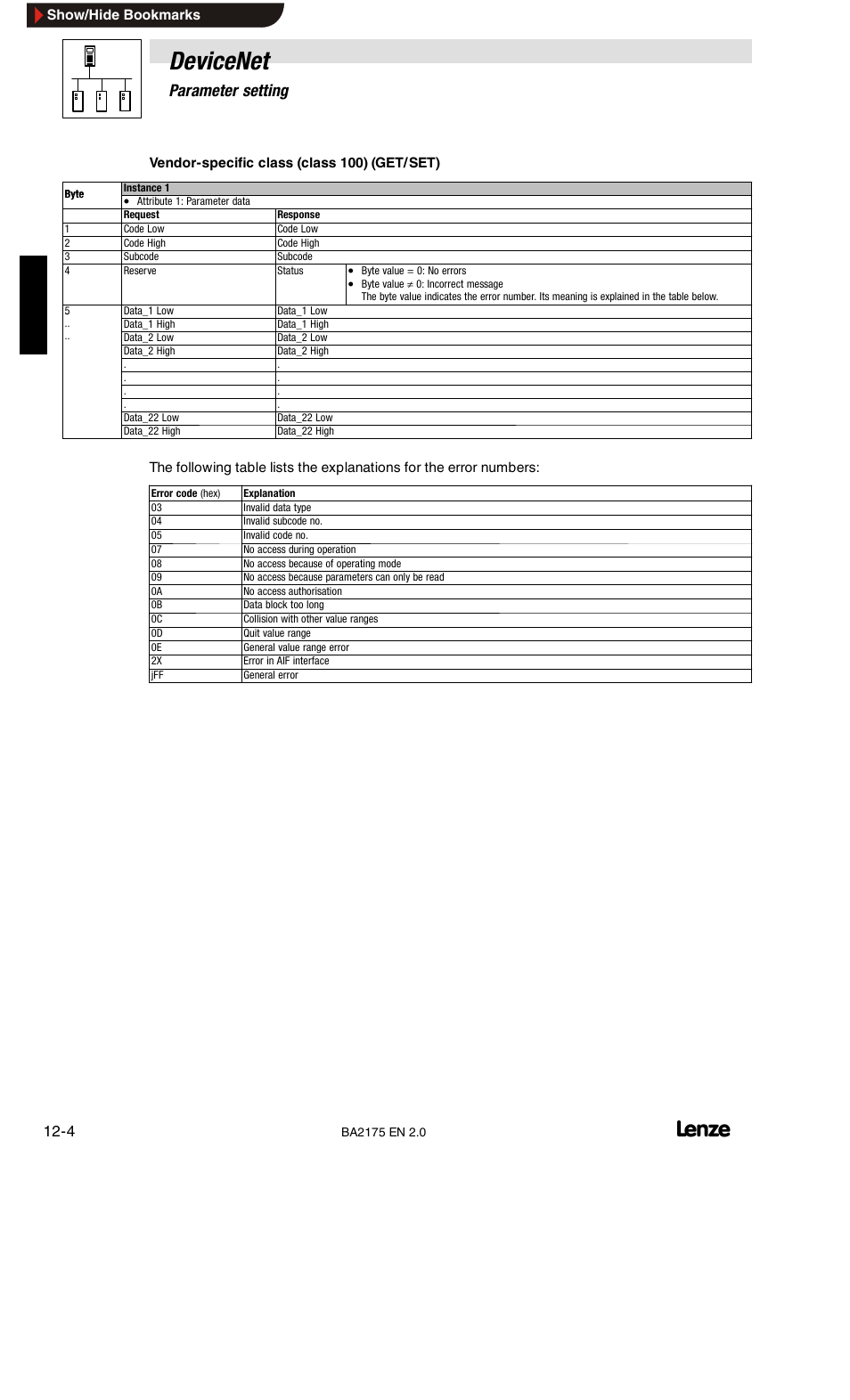 Devicenet, 12 parameter setting | Lenze EMF2175IB User Manual | Page 114 / 152