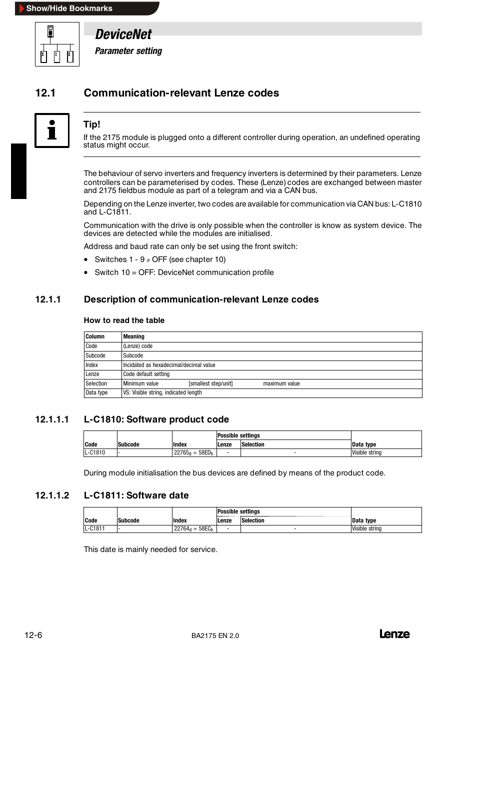 Devicenet, 1 communication-relevant lenze codes, 12 parameter setting | Lenze EMF2175IB User Manual | Page 116 / 152