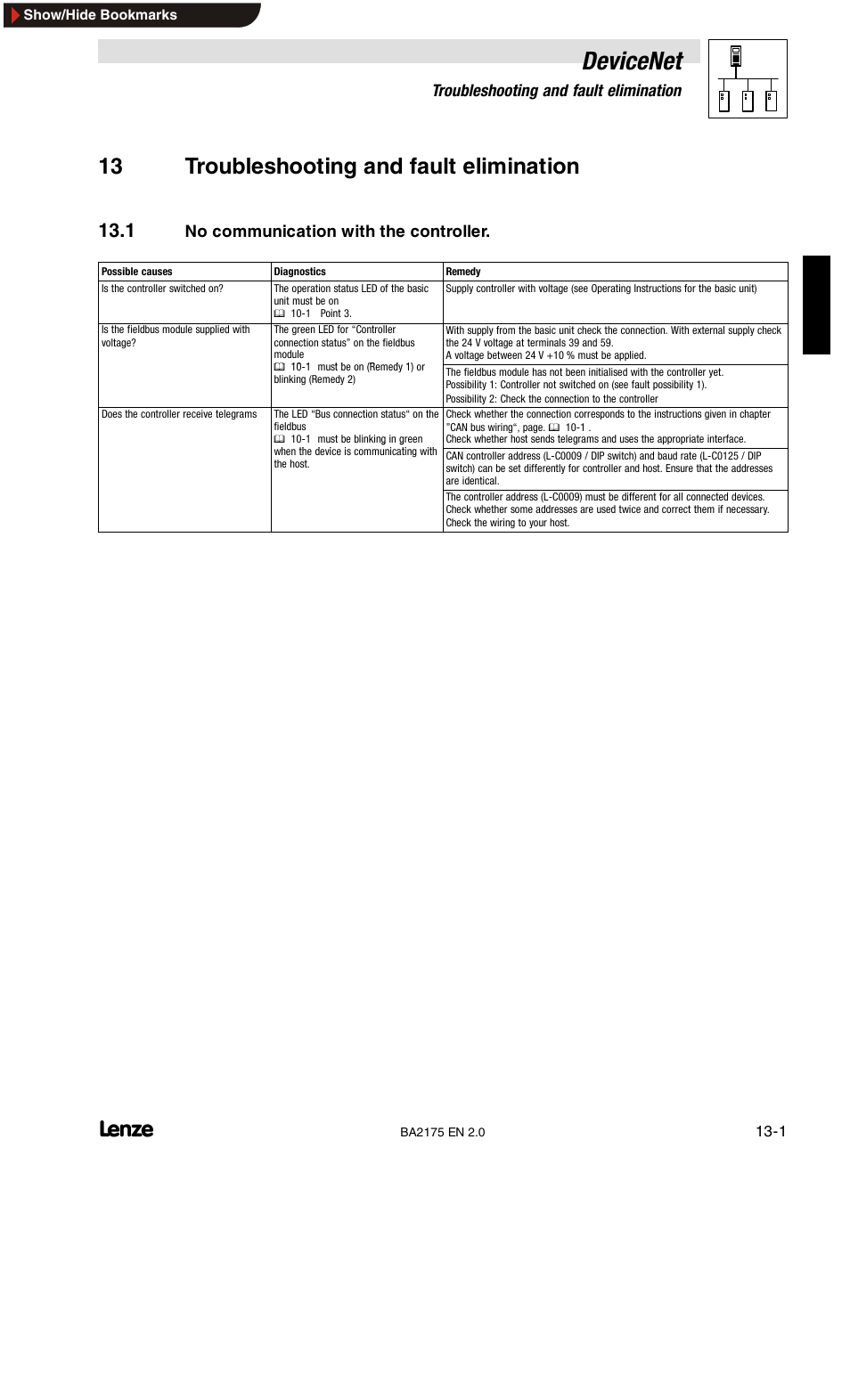 Devicenet, 13 troubleshooting and fault elimination, No communication with the controller | Lenze EMF2175IB User Manual | Page 119 / 152