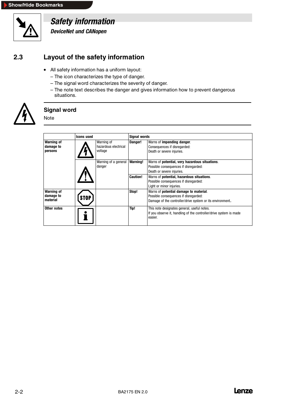 3 layout of the safety information, Safety information, Devicenet und canopen | Signal word | Lenze EMF2175IB User Manual | Page 12 / 152