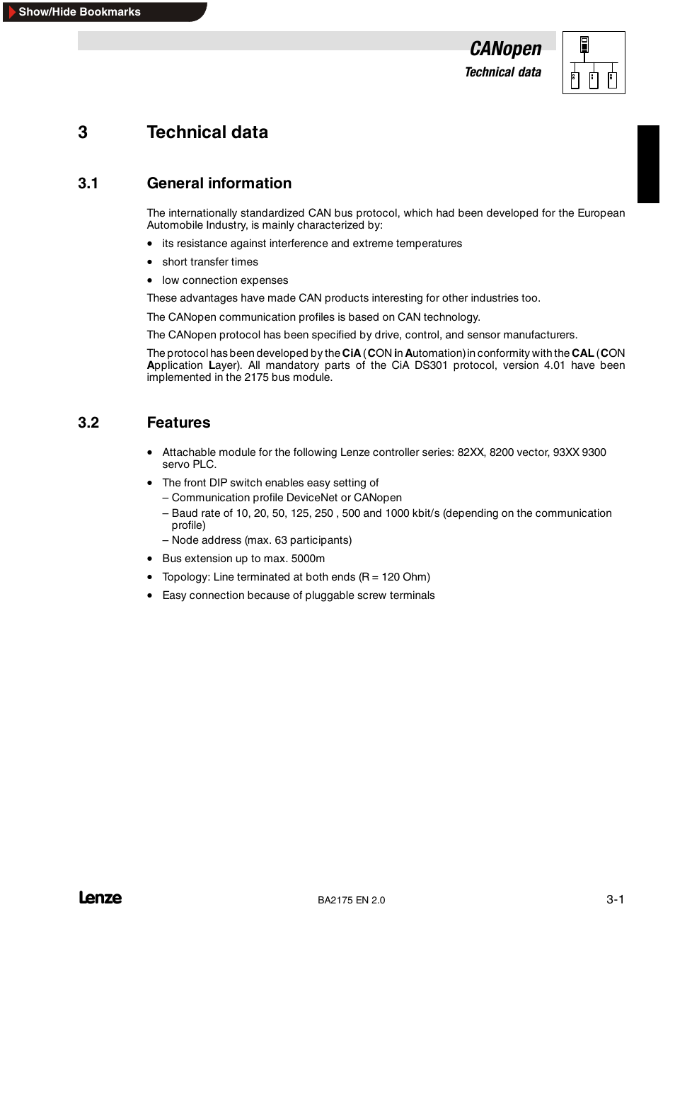 3 technical data, 1 general information, 2 features | Canopen, 3technical data | Lenze EMF2175IB User Manual | Page 13 / 152