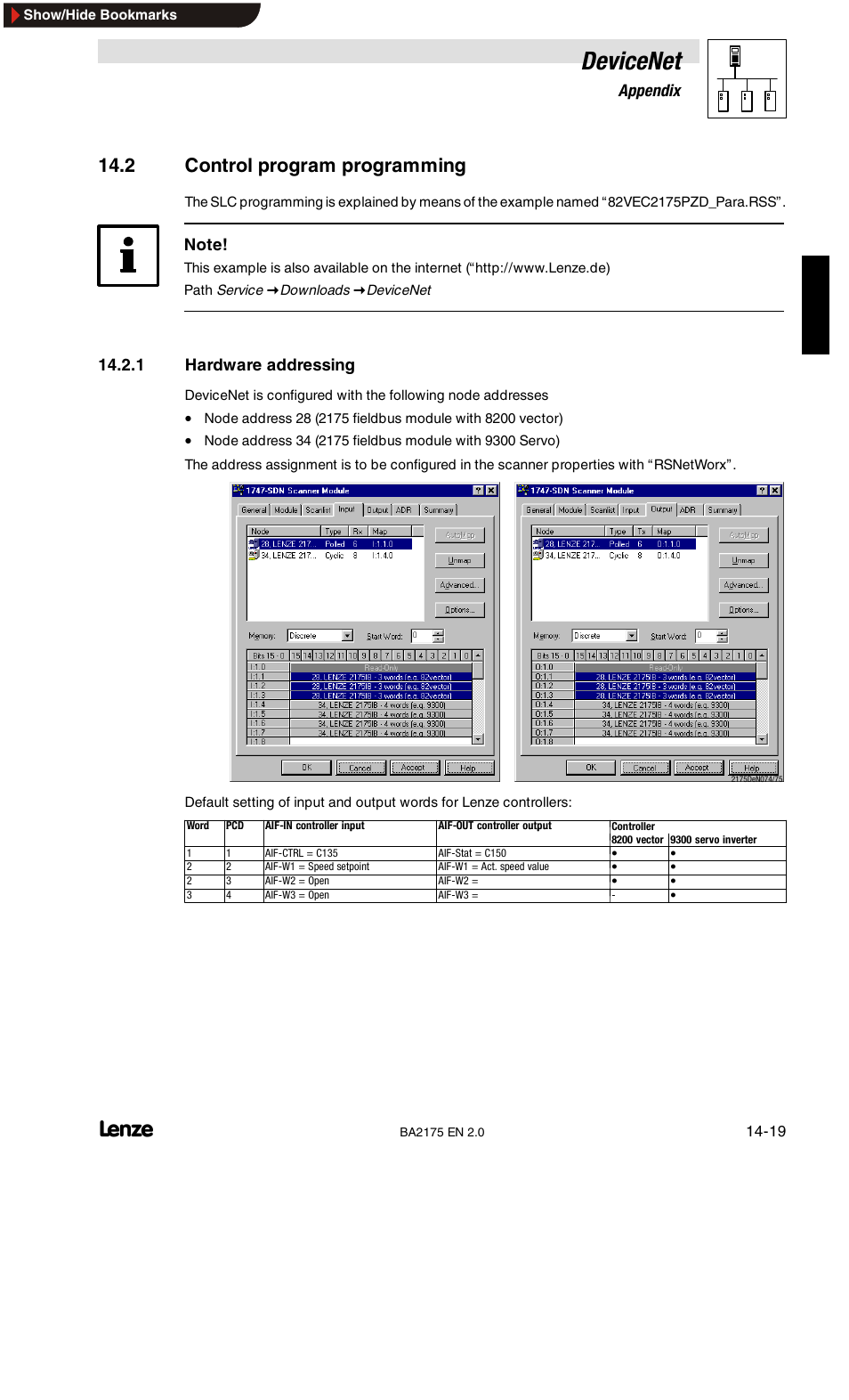 Devicenet, 2 control program programming, 14 appendix | 1 hardware addressing | Lenze EMF2175IB User Manual | Page 139 / 152
