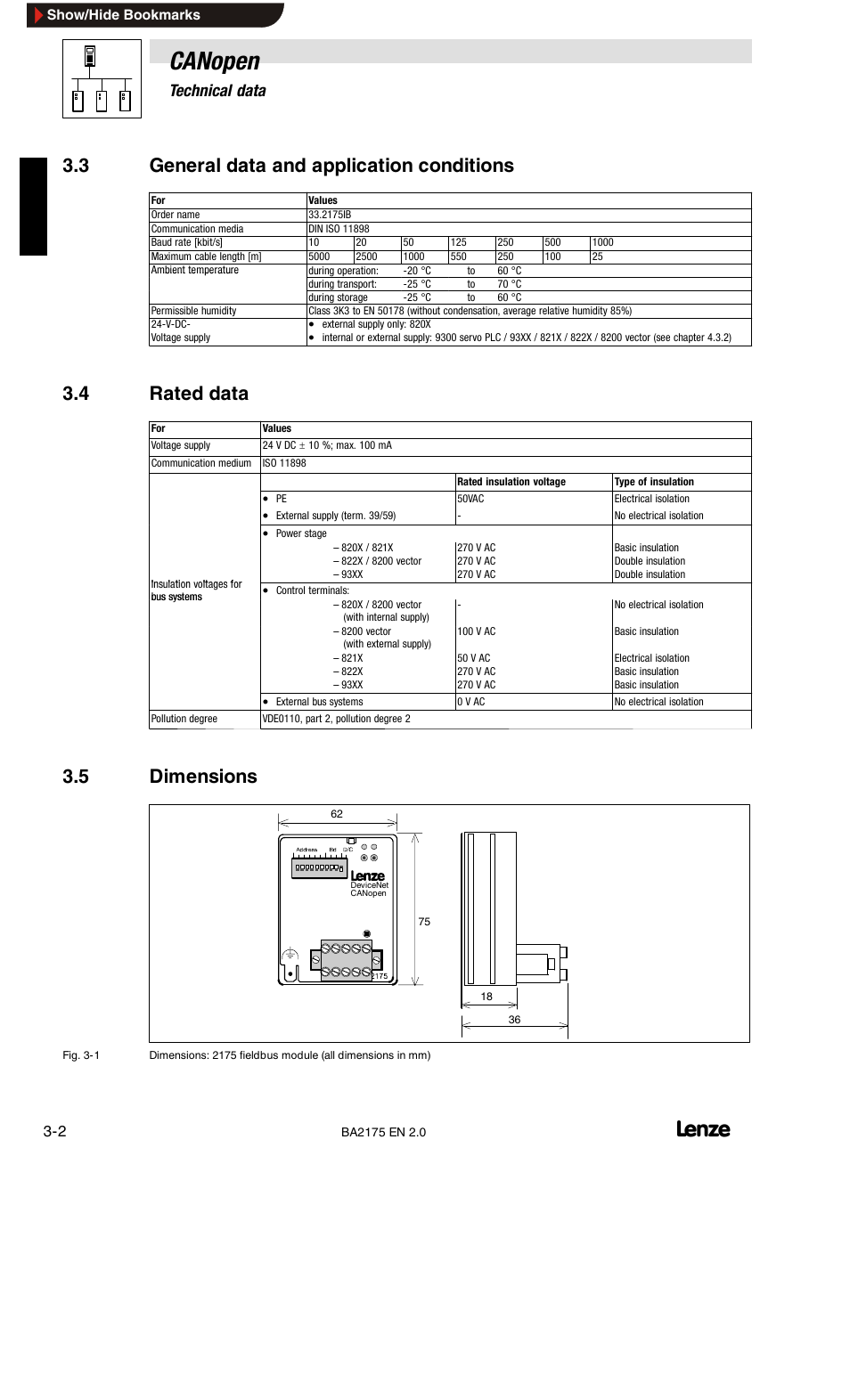 3 general data and application conditions, 4 rated data, 5 dimensions | Canopen, 3technical data | Lenze EMF2175IB User Manual | Page 14 / 152