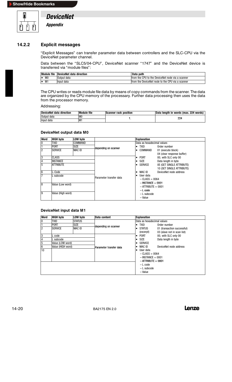 Devicenet, 14 appendix, 2 explicit messages | Lenze EMF2175IB User Manual | Page 140 / 152